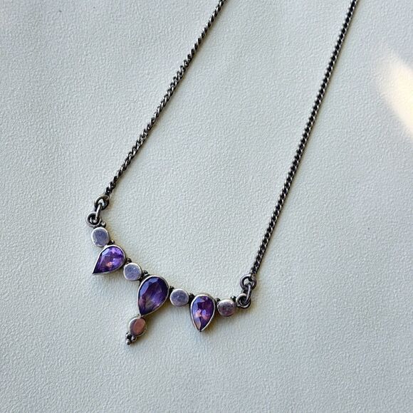 925 Sterling Silver Amethyst Necklace Artisan Design Pear Drop Stones 16” Toggle - Picture 1 of 7